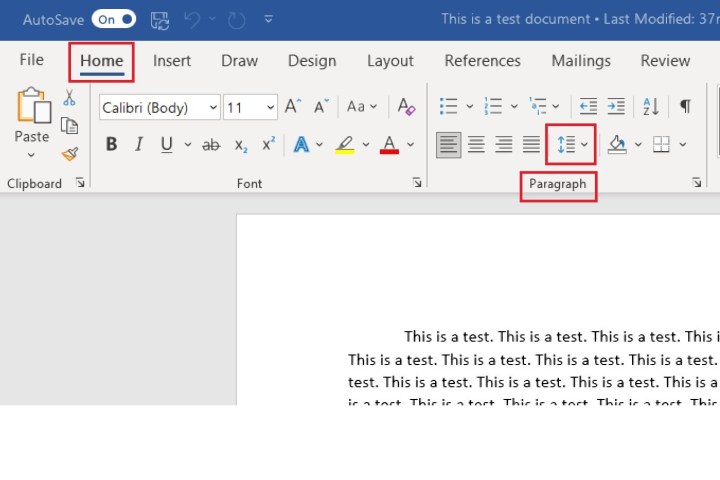 Navigieren Sie zum Zeilenabstandssymbol der Registerkarte „Startseite“ in Microsoft Word.