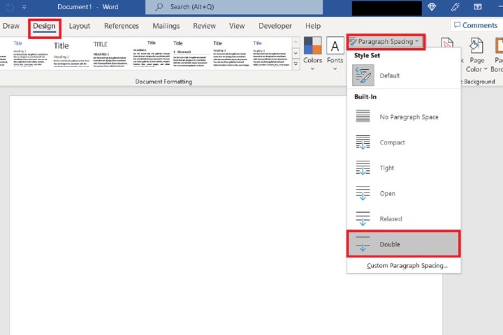Verwenden Sie die Registerkarte „Design“, um den Abstand in einem Microsoft Word-Dokument zu verdoppeln.