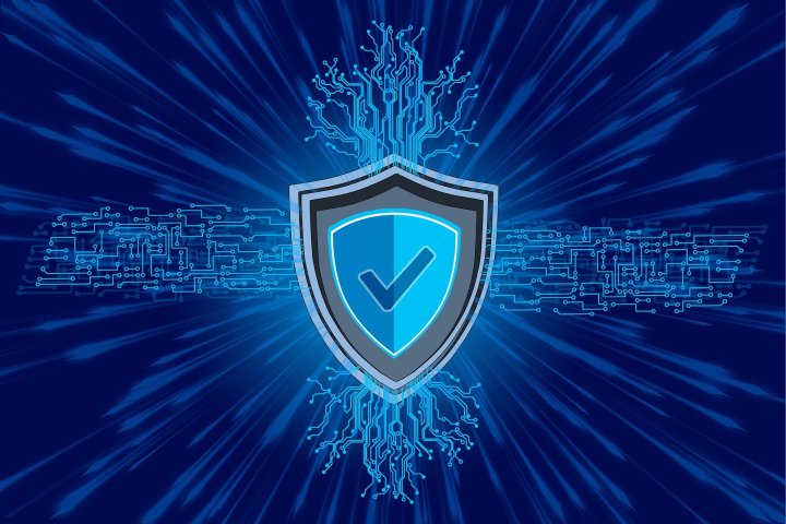 Sicherheitsschutzsymbol auf blauem Technologiehintergrund.