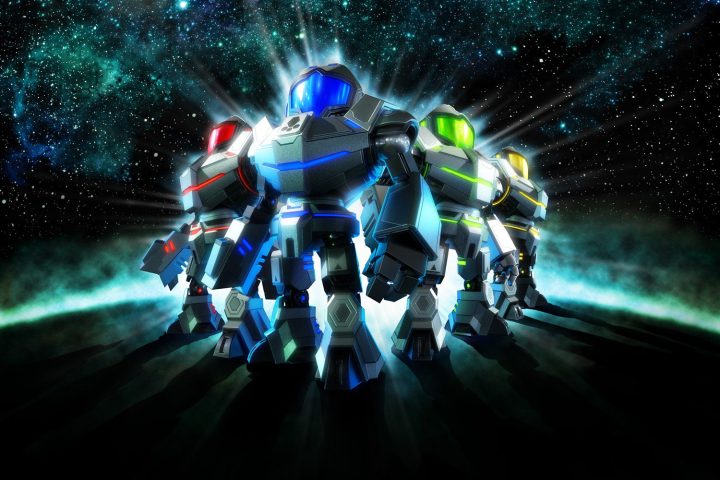 Vier Charaktere posieren aus Metroid Prime: Federation Force.
