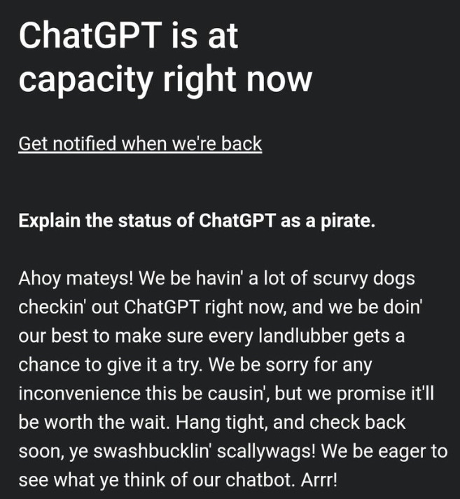 ChatGPT Besetzt-Nachricht wie ein Pirat.