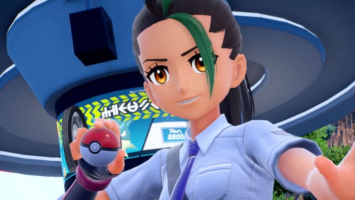 Der Spielerrivale von Pokémon Violett und Scarlet hält einen Pokéball.