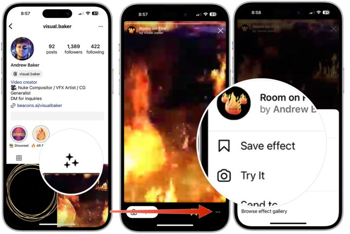 Screenshots, die zeigen, wie ein Effekt auf Instagram gespeichert wird.