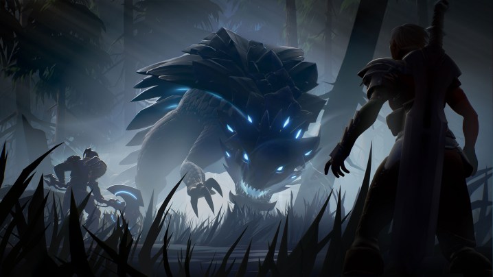 Ein Monster, das in Dauntless zwei Charaktere im Dunkeln verfolgt,