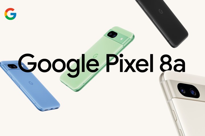 Werbebild für das Google Pixel 8a, das Renderings des Telefons in allen vier Farben zeigt.
