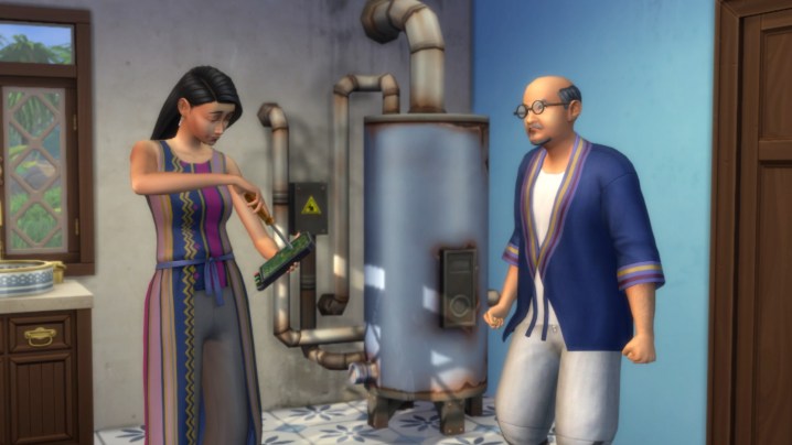 Eine Sim-Frau repariert neben einem Sim-Mann einen Boiler in der Erweiterung „Sims 4 For Rent“.