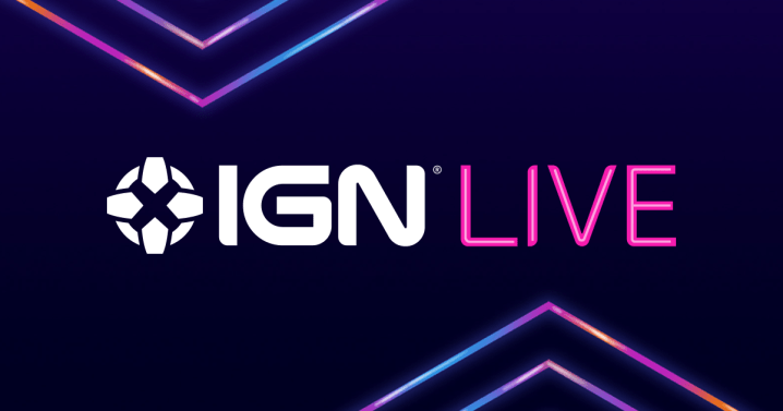 Auf einem violetten Hintergrund erscheint ein Logo für IGN Live.
