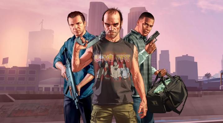 Trevor, Michael und Franklin halten im Werbebild von GTA 5 alle Waffen.
