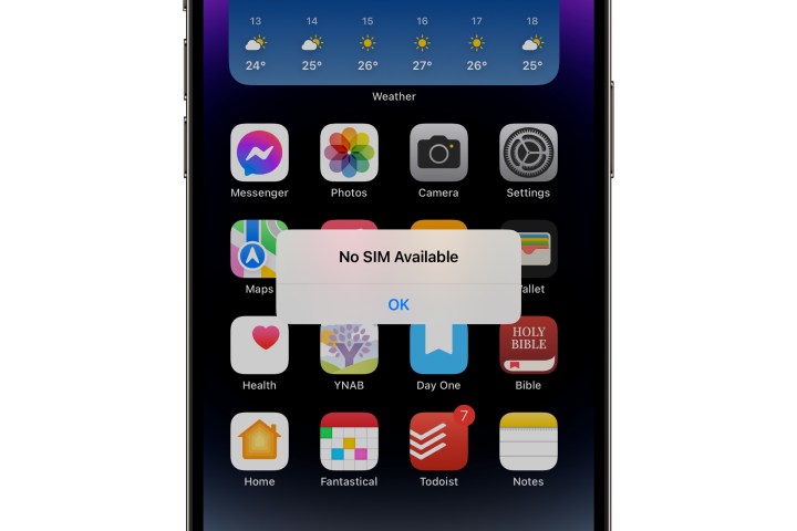 Fehler „Keine SIM verfügbar“ auf dem iPhone-Startbildschirm.