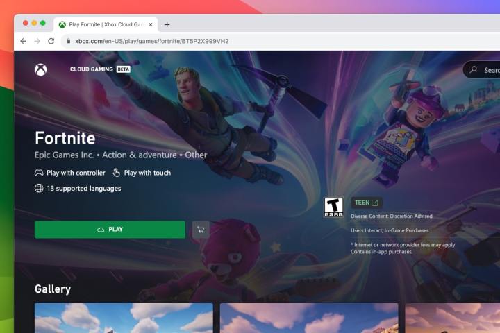 Die Xbox Cloud Gaming-Webseite, die auf einem Mac ausgeführt wird, mit der angezeigten Fortnite-Seite.