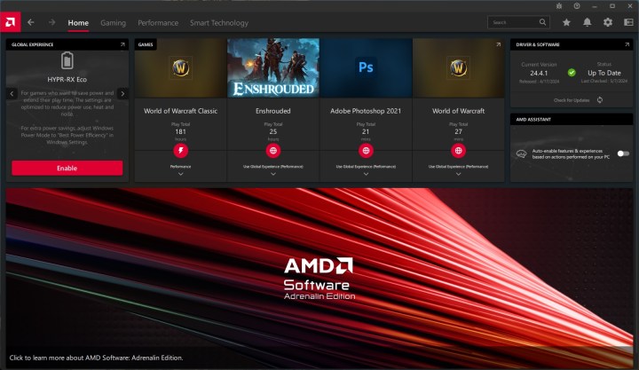 Startbildschirm von AMD Adrenalin.