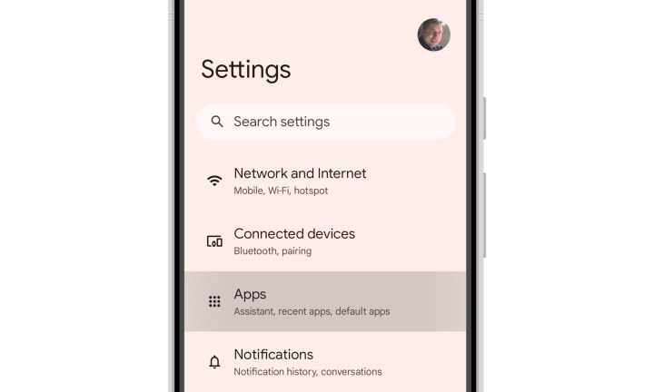 Android 14-Einstellungen zeigen das hervorgehobene Apps-Menü.