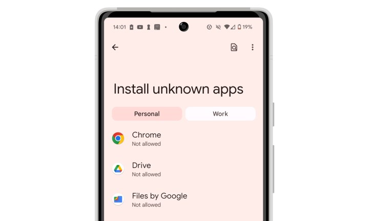 Der Bildschirm „Unbekannte Apps installieren“ von Android 14 zeigt die Liste mit Chrome, Drive und Files by Google.
