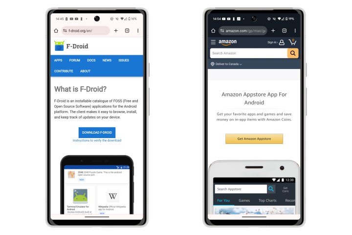 Zwei Pixel-Telefone zeigen Homepages für F-Droid und den Amazon App Store. 