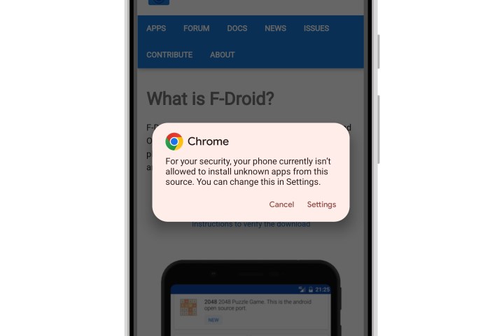 Der Chrome-Browser unter Android 14 zeigt eine Sicherheitsabfrage an, die den Benutzer zur Einstellungs-App weiterleitet, um die Installation unbekannter Apps zu aktivieren. 