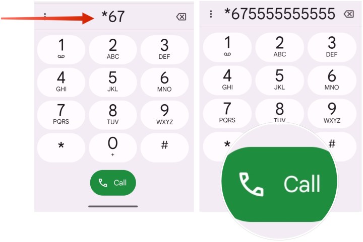 Screenshot, der zeigt, wie Sie Ihre Telefonnummer sperren, bevor Sie auf einem Android-Gerät einen Anruf tätigen. 