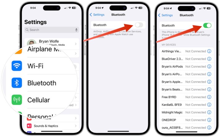 Screenshots, die zeigen, wie Bluetooth auf dem iPhone ein-/ausgeschaltet wird.