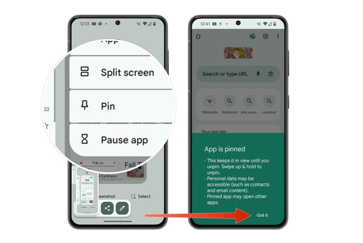 Screenshot, der das Anheften einer App auf Android zeigt.