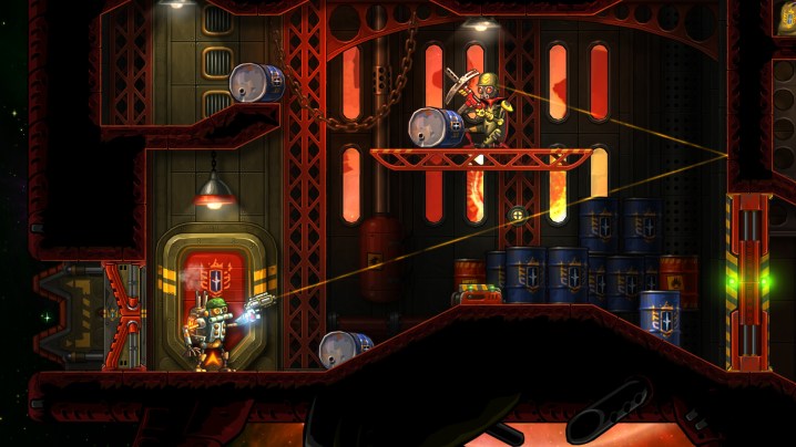 In Steamworld Heist 2 zielt ein Roboter auf einen Feind.