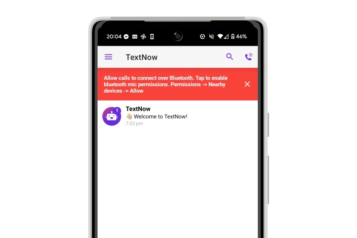 TextNow Bluetooth-Berechtigungsbanner auf Android.
