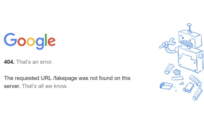 Googles lustige Art, 404-Fehler mit einem defekten Roboter anzuzeigen.