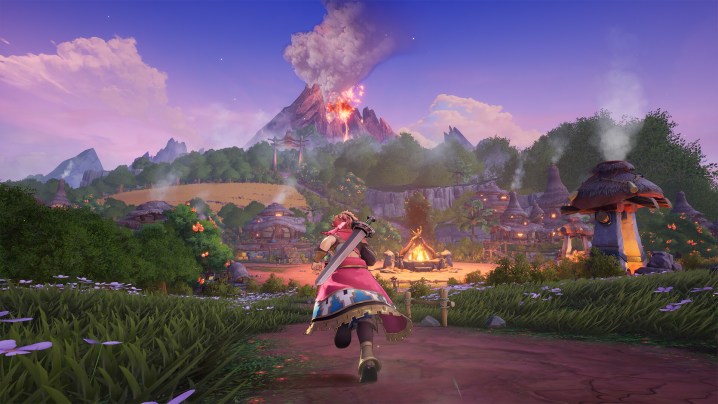 Val rennt auf ein Dorf unterhalb eines Vulkans zu.