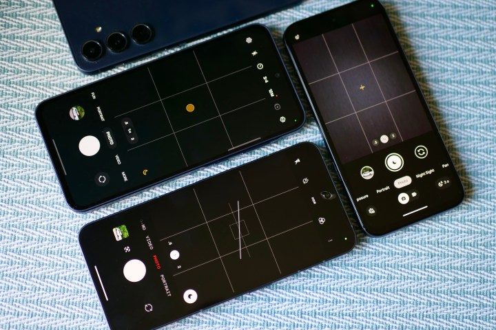 Die Kamera-Apps des Google Pixel 8a, Nothing Phone 2 und des Samsung Galaxy A55.