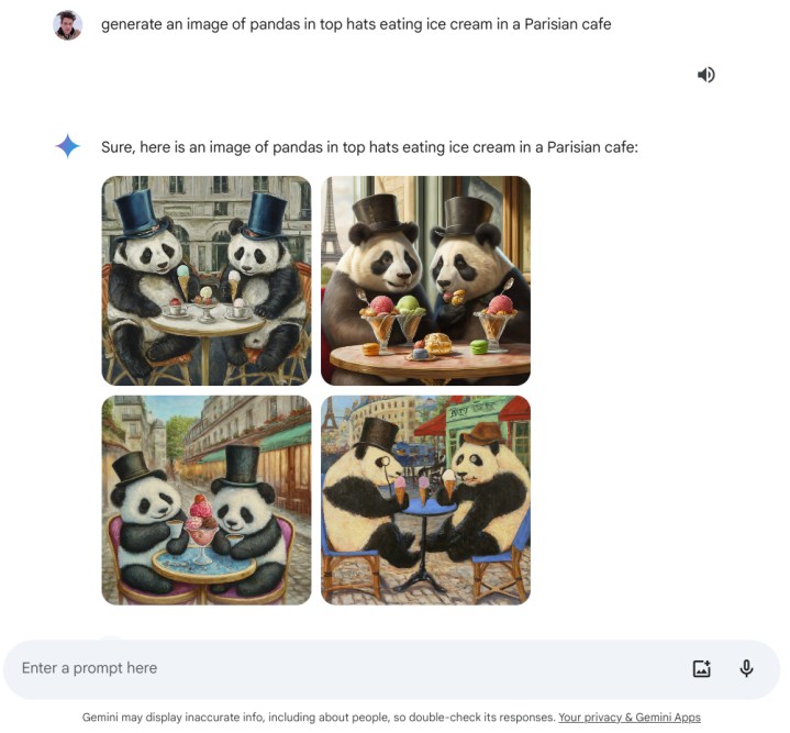 Pandas mit Zylindern essen Eis in einem Pariser Café
