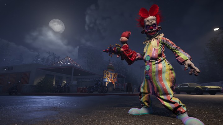Ein gruseliger Clown mit einer Art Puppenpistole in Killer Klowns from Outer Space.