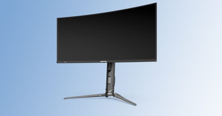 Der Acer Predator X34 X5-Monitor auf hellblauem Hintergrund.