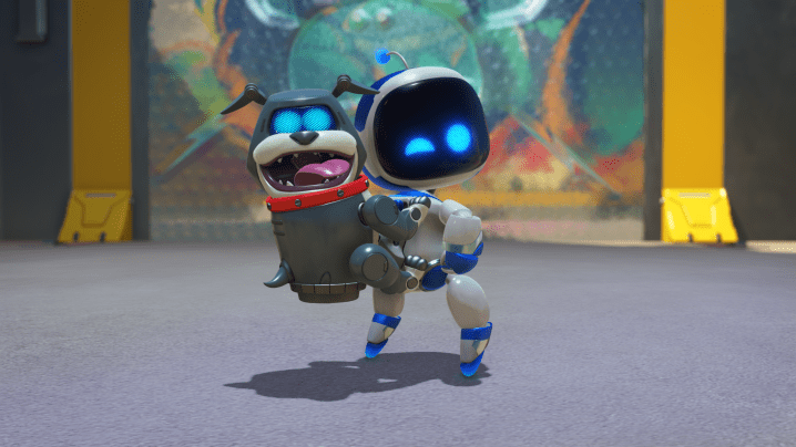 Astro Bot trägt einen Hunderucksack.