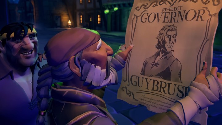 Zwei Männer schauen sich in Sea of ​​Thieves ein Wahlplakat für Guybrush an.