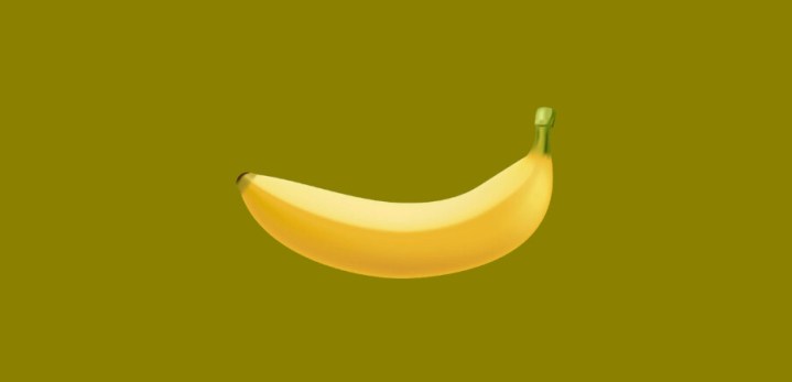 Eine Illustration einer normalen Banane vor einem olivgrünen Hintergrund. 