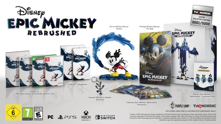 Ein Rendering der Epic Mickey Rebrushed Collector's Edition. Sie können physische Editionen für Xbox, PlayStation und Switch, Steelbooks, eine 28 cm große Mickey-Statue, ein Vintage-Mickey-Blechschild, einen Oswald-der-glückliche-Kaninchen-Schlüsselanhänger und Postkarten sehen.