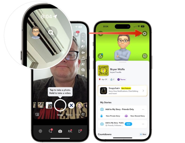 Screenshots, die zeigen, wie man ein Snapchat-Profil in der Snapchat-App öffnet.