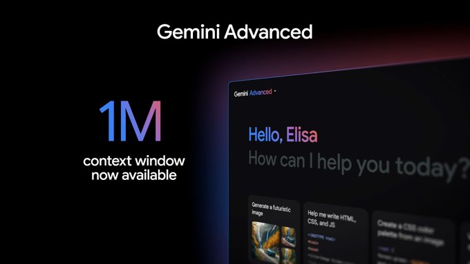 Eine Infografik, die die Kontextfensterfunktion von Gemini mit einer Länge von 1 Million Token hervorhebt.