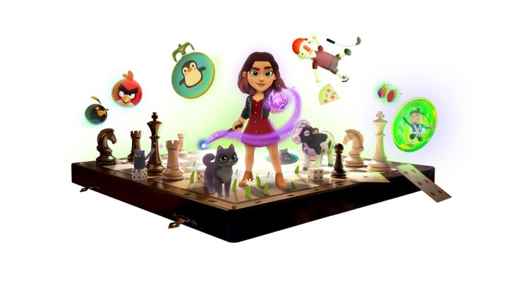Apple Arcade-Figuren stehen auf einem Schachbrett.